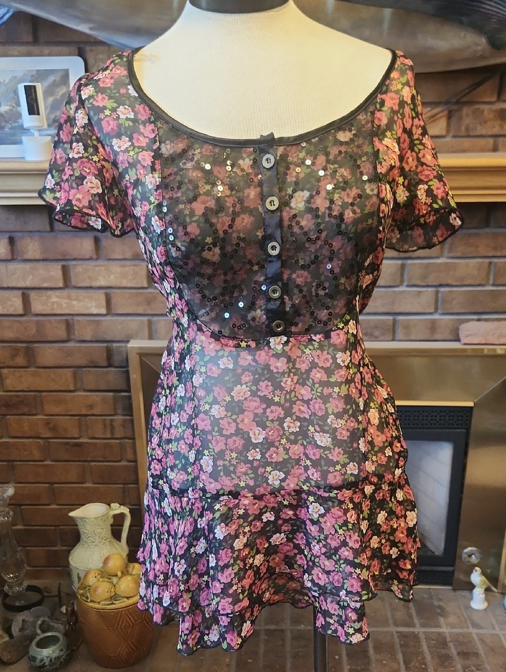Charlotte Russe Y2k Semi Sheer Pink Floral Tiered Ruffled Minidress Or Blouse M